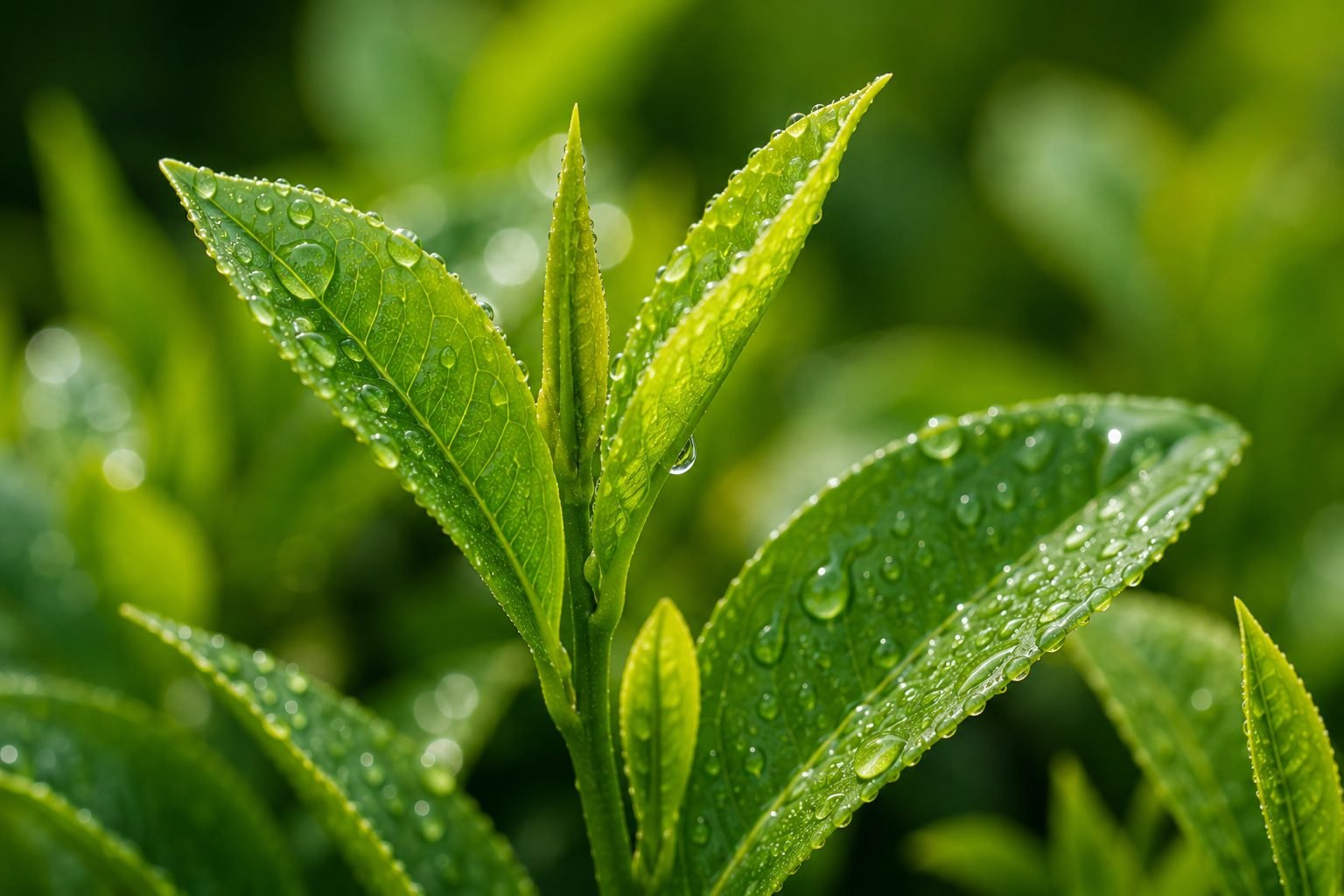 Close-up of a fresh dew-covered tea leaf
