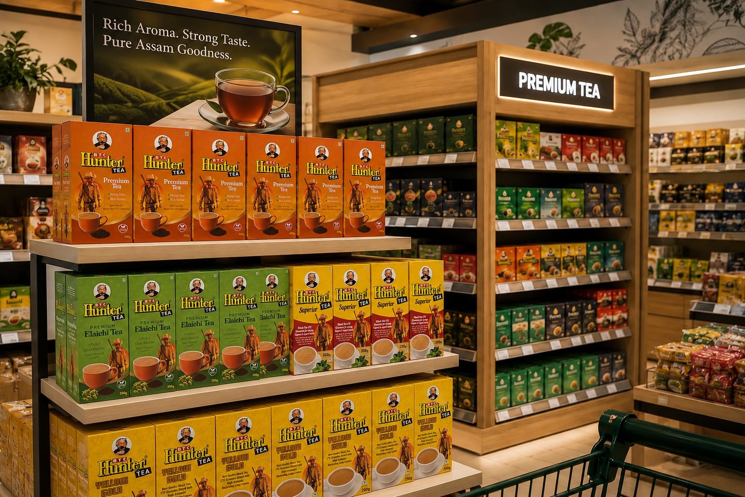BTC Hunter Tea products displayed on a retail store shelf