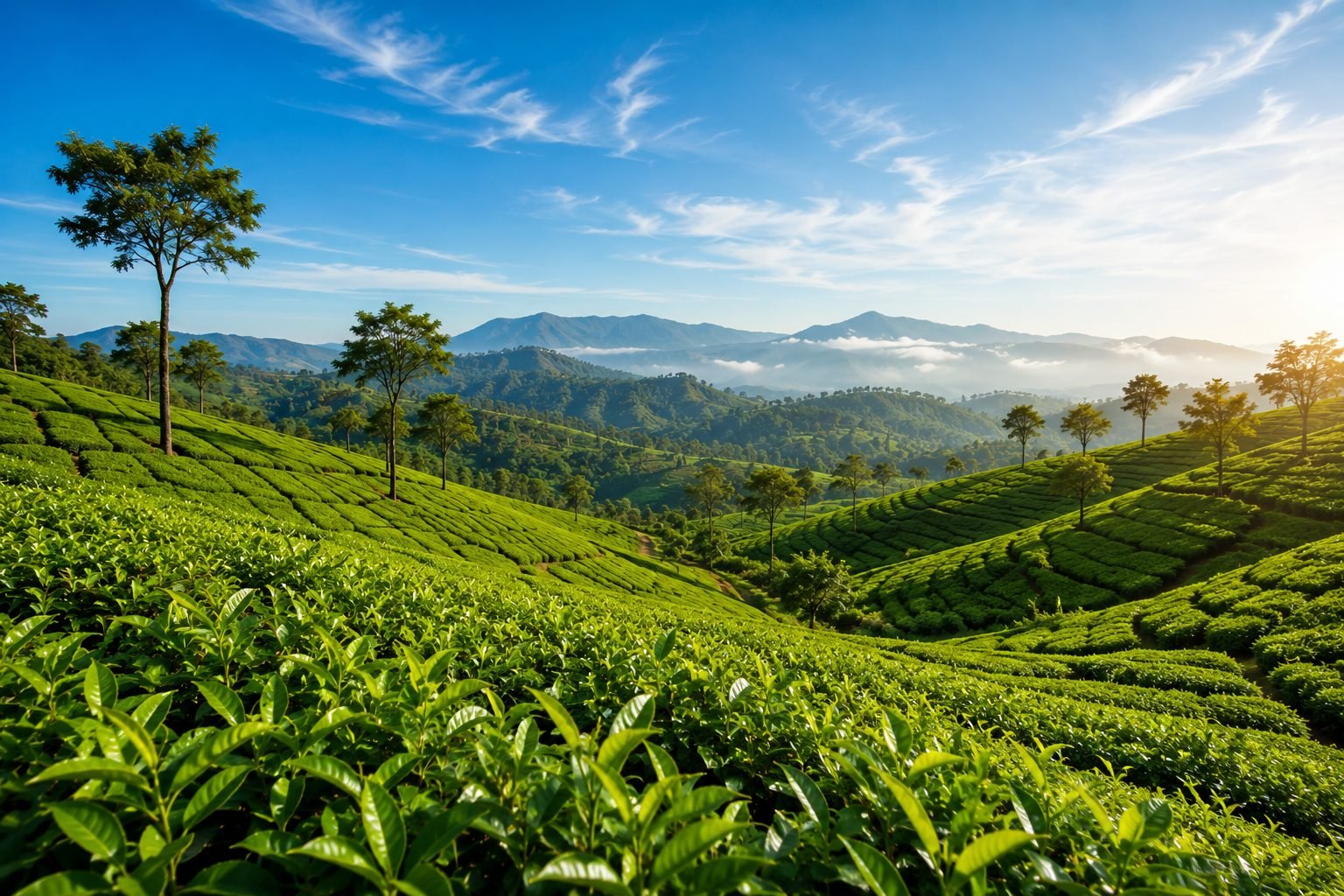 Rolling green tea estate hills under a blue sky